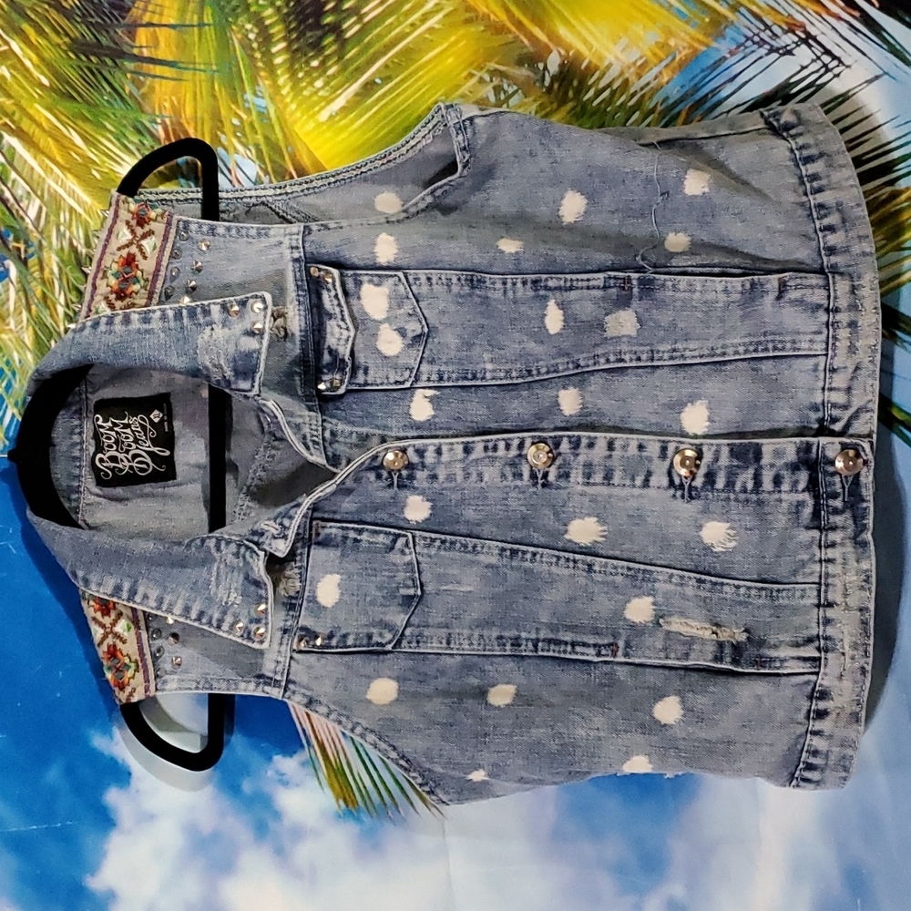 Boom BOOM JEANS SLEEVELESS SPIKE STUDDED DENIM JACKET Size XL - Picture 7 of 8